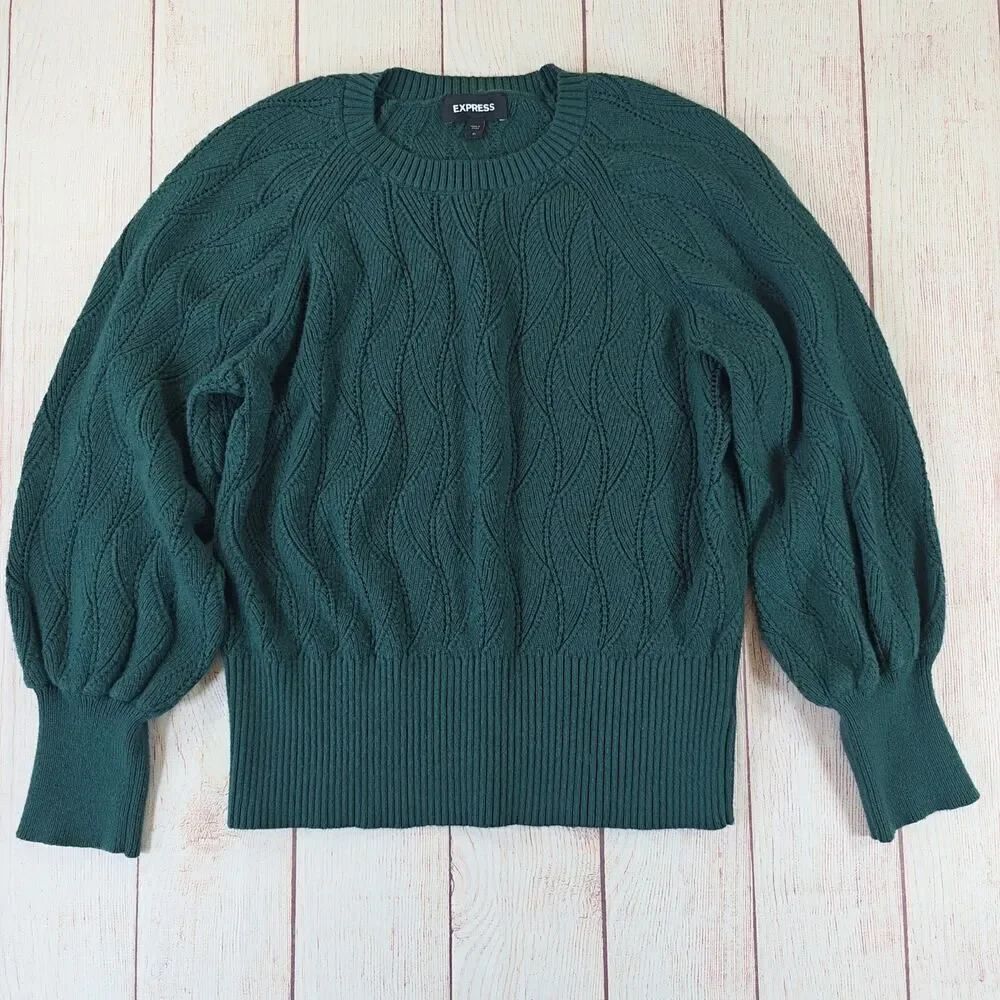 Express dark green Reglan bishop sleeve stretchy crew neck sweater sz XL